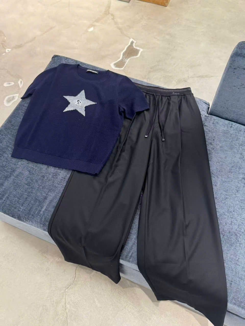  Quần vải đen cạp chun kẻ kim tuyến 