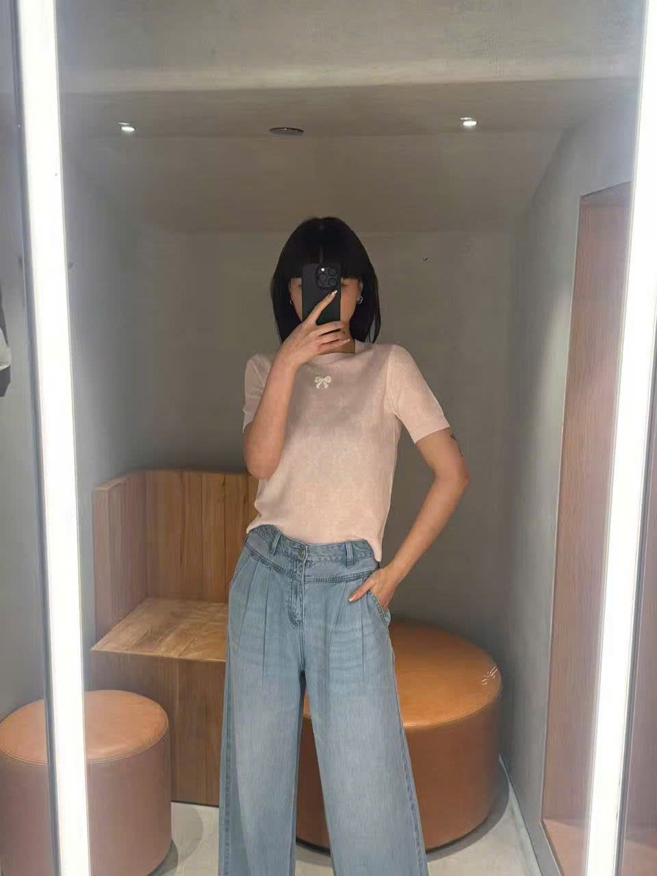  Áo hồng ngắn tay full nơ trắng (cotton lụa) 