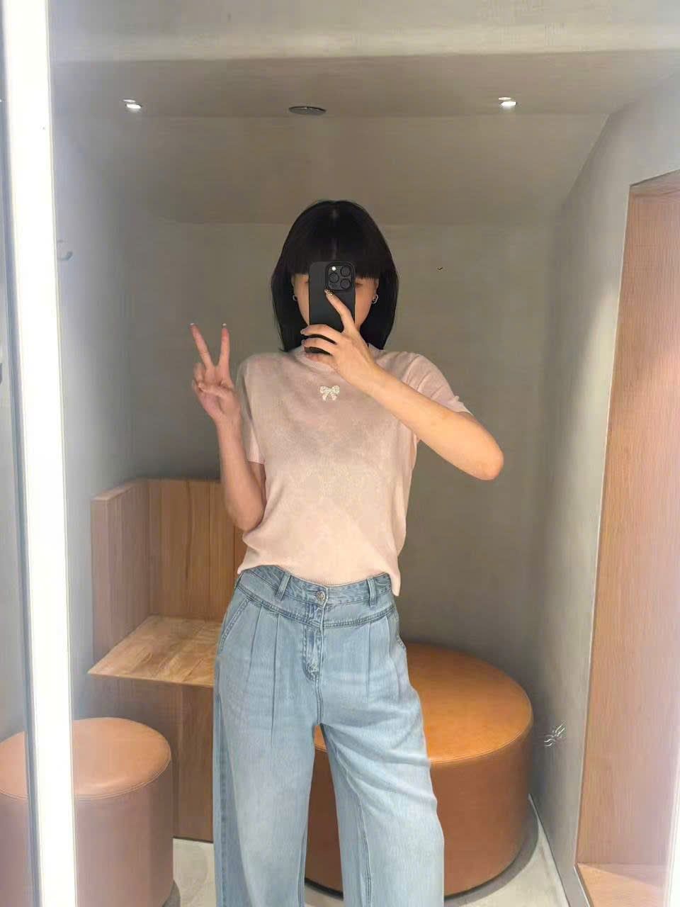  Áo hồng ngắn tay full nơ trắng (cotton lụa) 