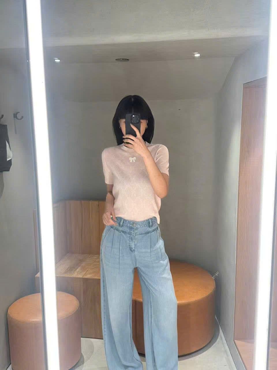 Áo hồng ngắn tay full nơ trắng (cotton lụa) 
