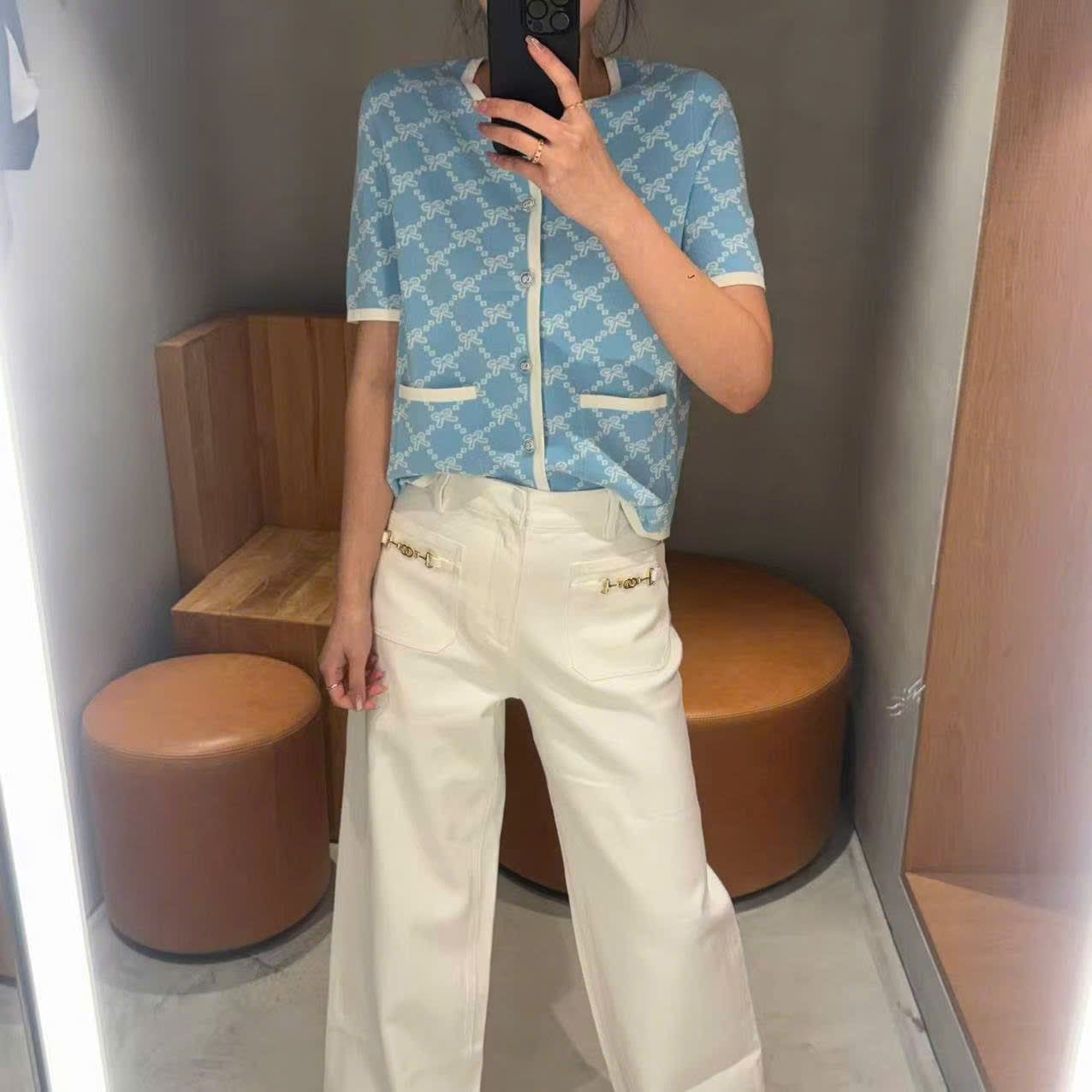  Áo CDG xanh full logo nơ trắng 