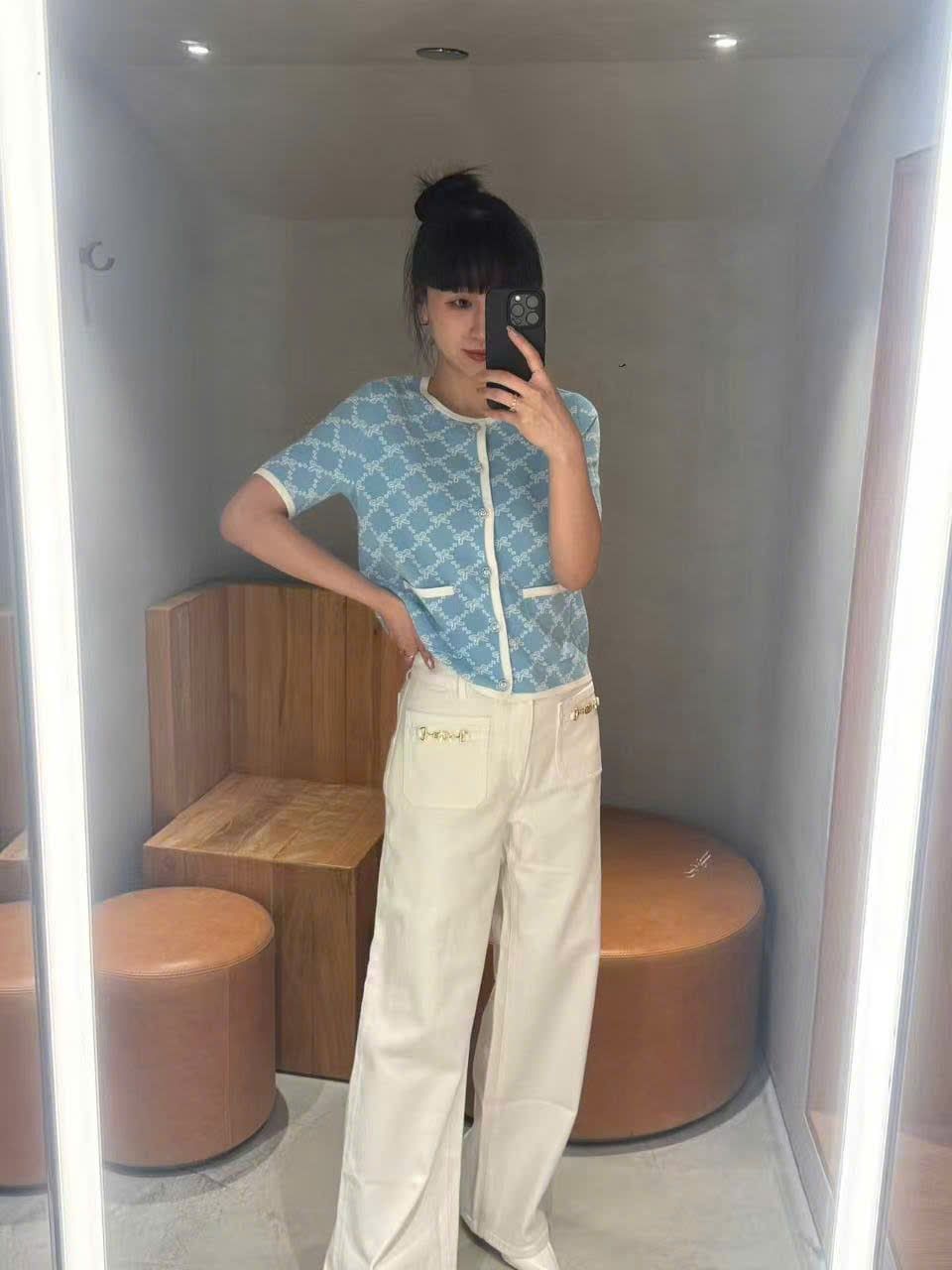  Áo CDG xanh full logo nơ trắng 