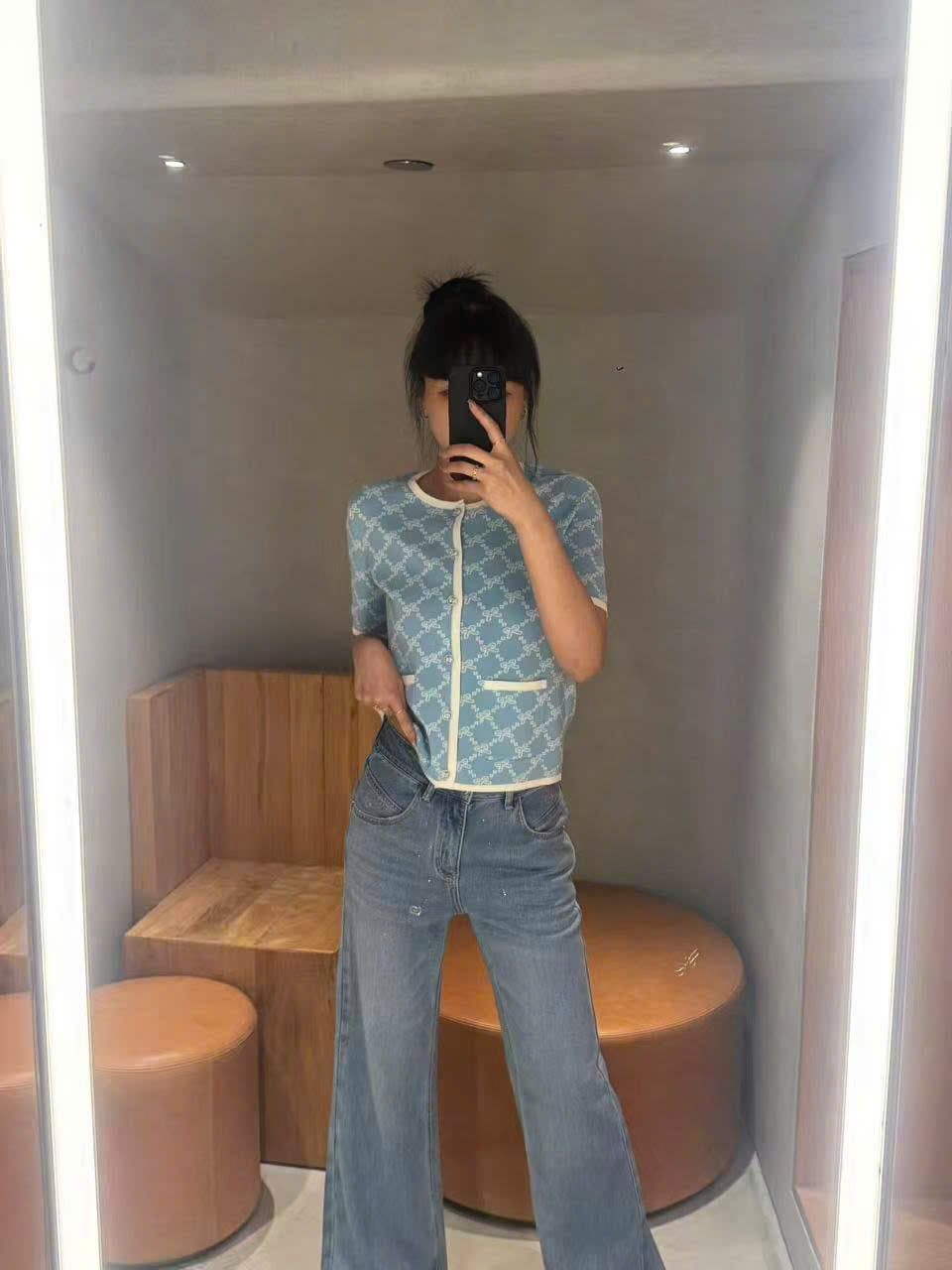  Áo CDG xanh full logo nơ trắng 