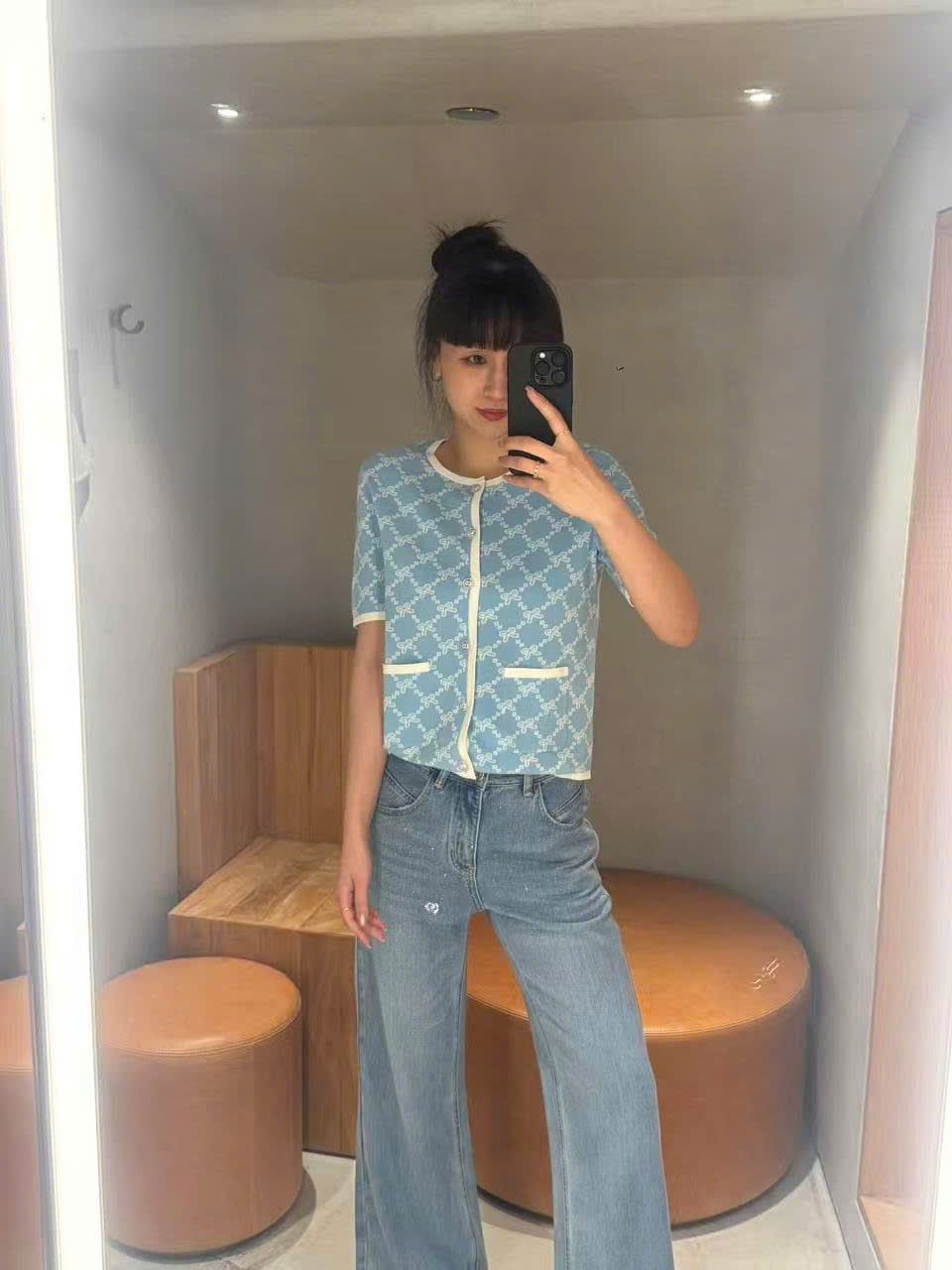  Áo CDG xanh full logo nơ trắng 