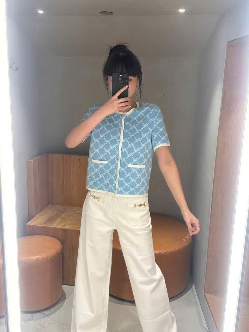  Áo CDG xanh full logo nơ trắng 