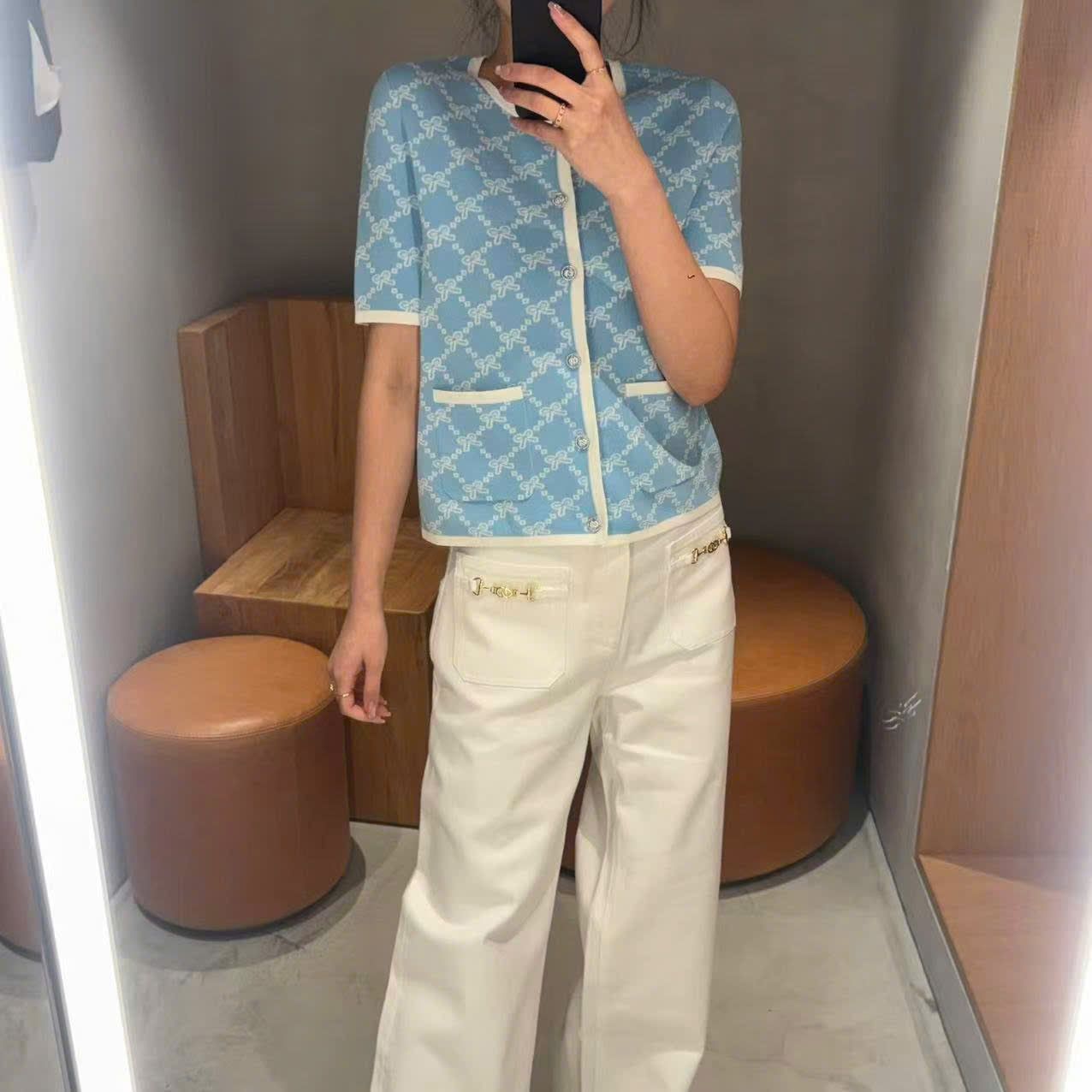  Áo CDG xanh full logo nơ trắng 