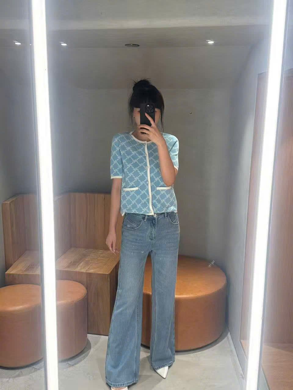  Áo CDG xanh full logo nơ trắng 