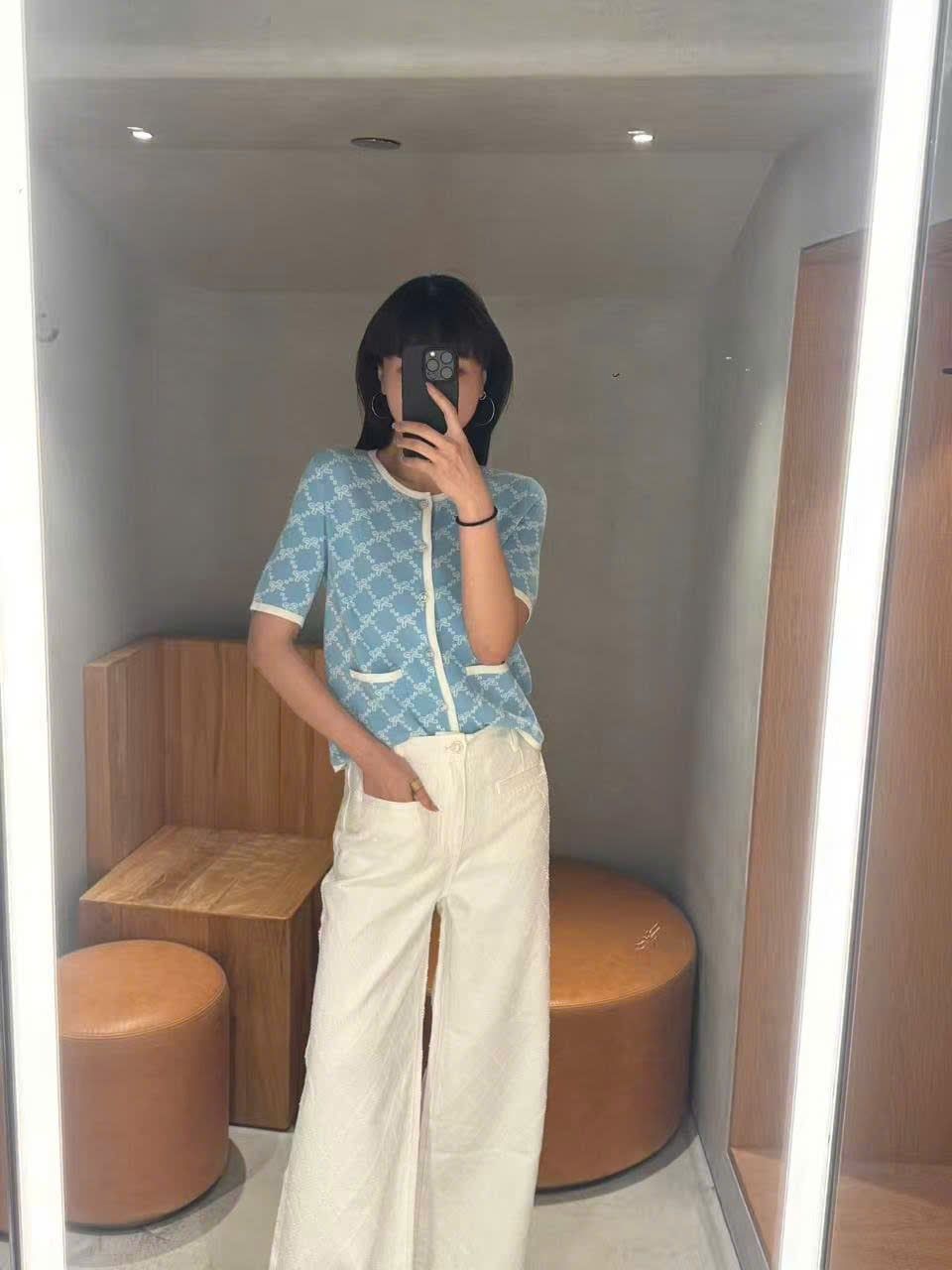  Áo CDG xanh full logo nơ trắng 