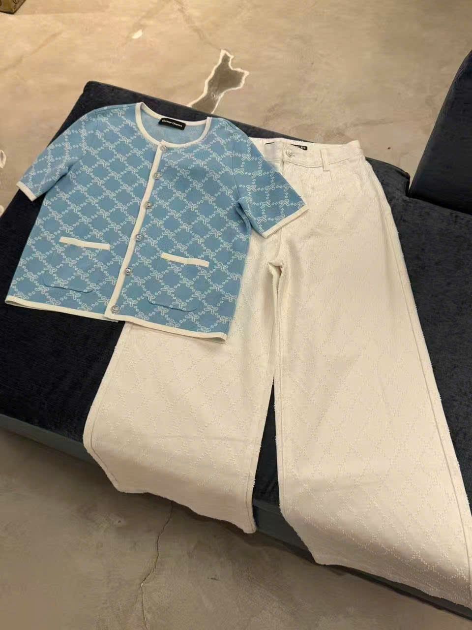  Áo CDG xanh full logo nơ trắng 