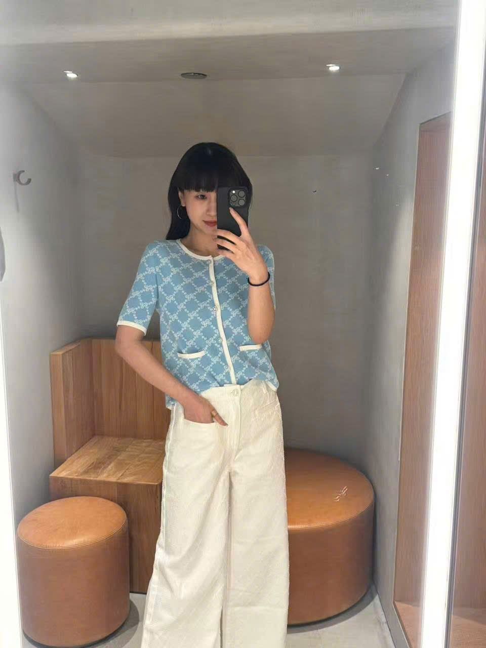  Áo CDG xanh full logo nơ trắng 