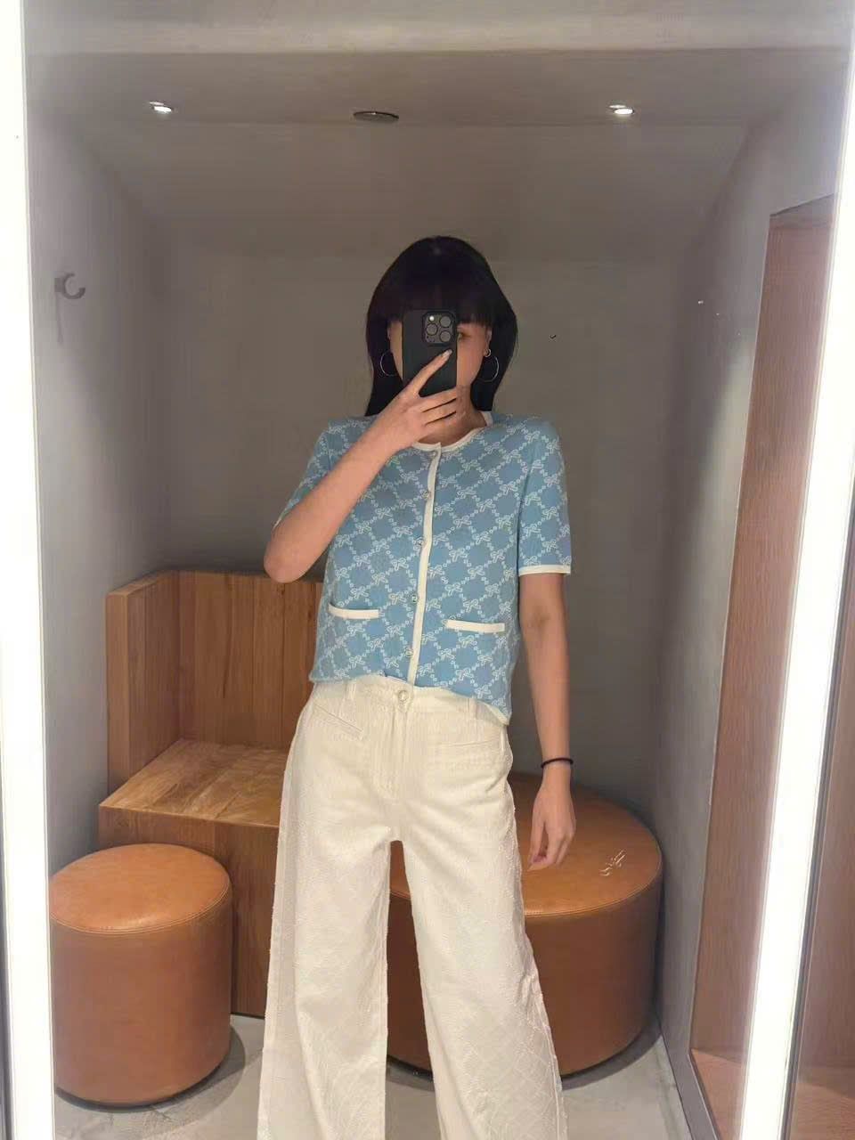  Áo CDG xanh full logo nơ trắng 