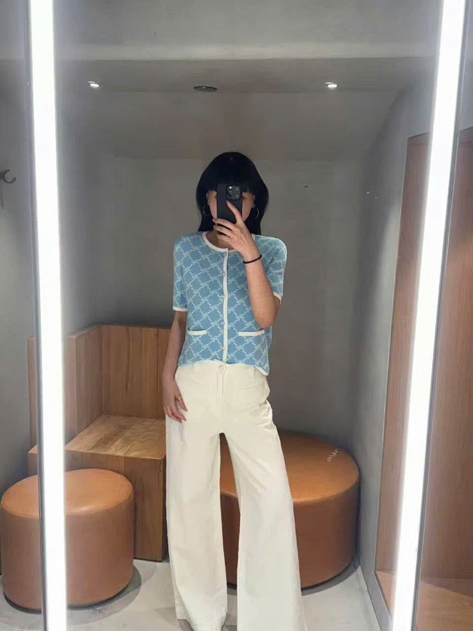  Áo CDG xanh full logo nơ trắng 