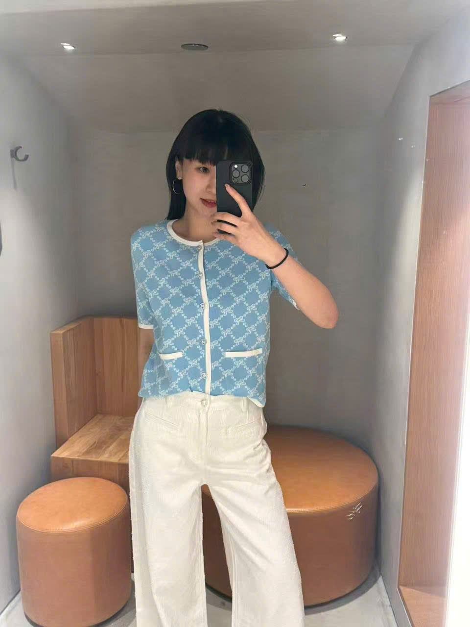  Áo CDG xanh full logo nơ trắng 