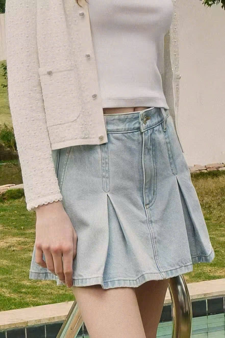  Chân váy ngắn jeans xếp ly 