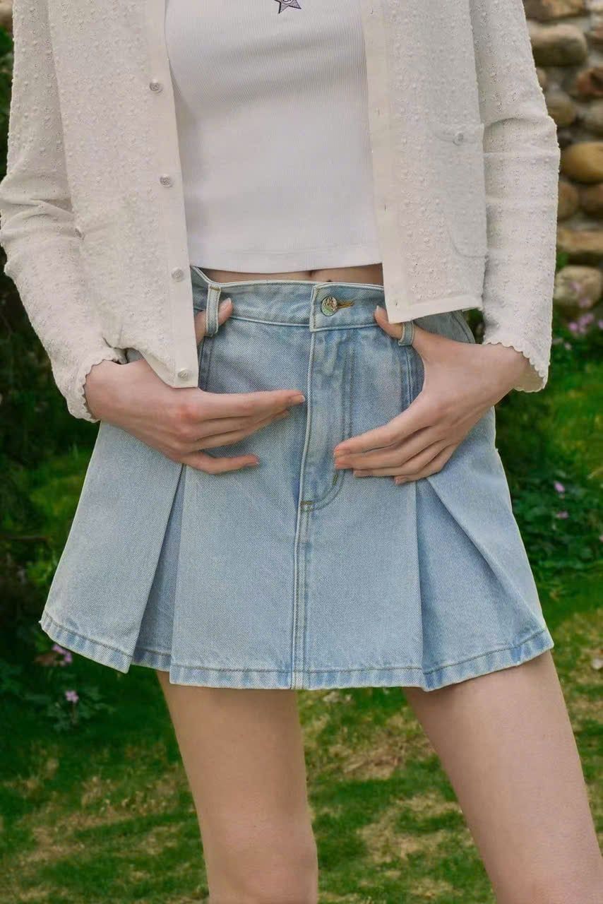  Chân váy ngắn jeans xếp ly 