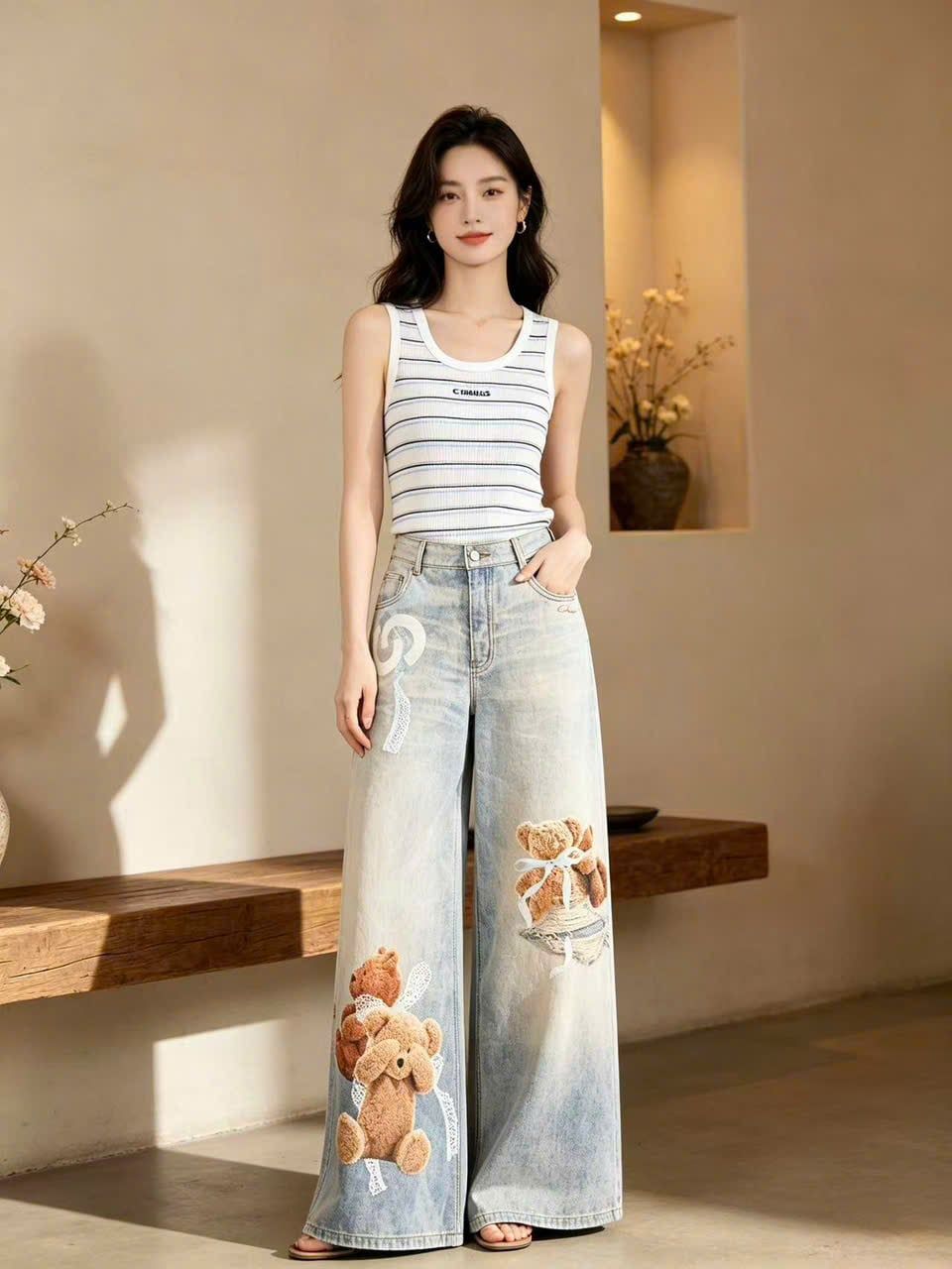  Áo tanktop trắng kẻ ngang xanh đen 