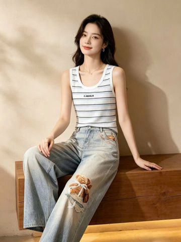  Áo tanktop trắng kẻ ngang xanh đen 