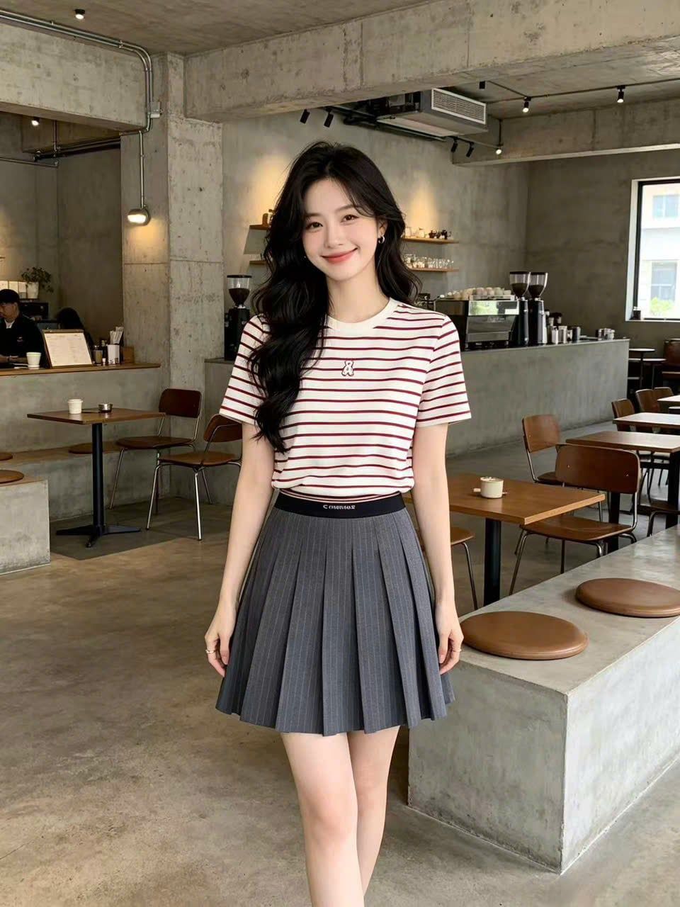  2.Chân váy ngắn xám kẻ chun đen(SET) 