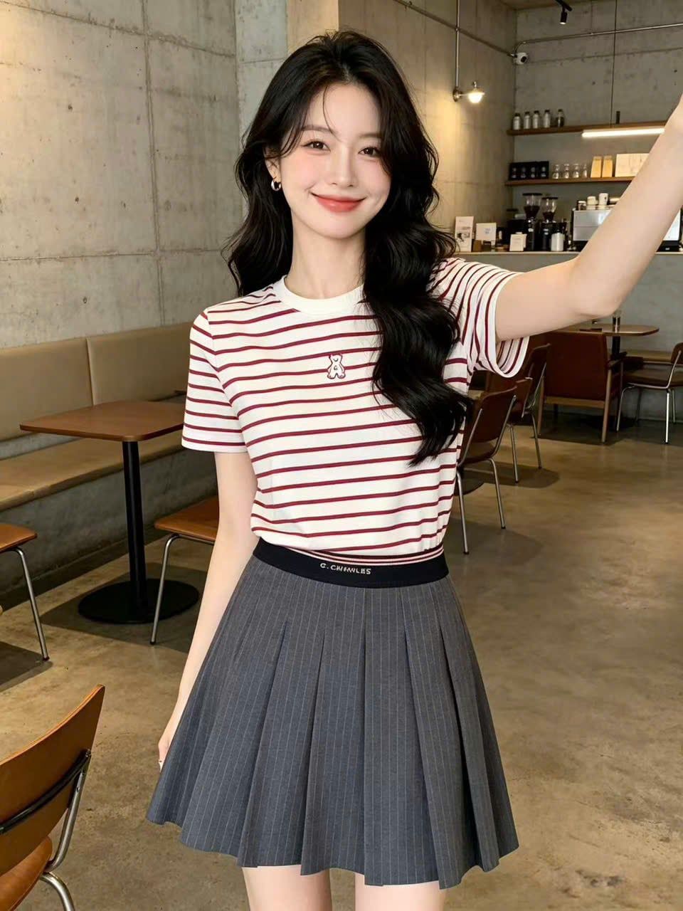 2.Chân váy ngắn xám kẻ chun đen(SET) 