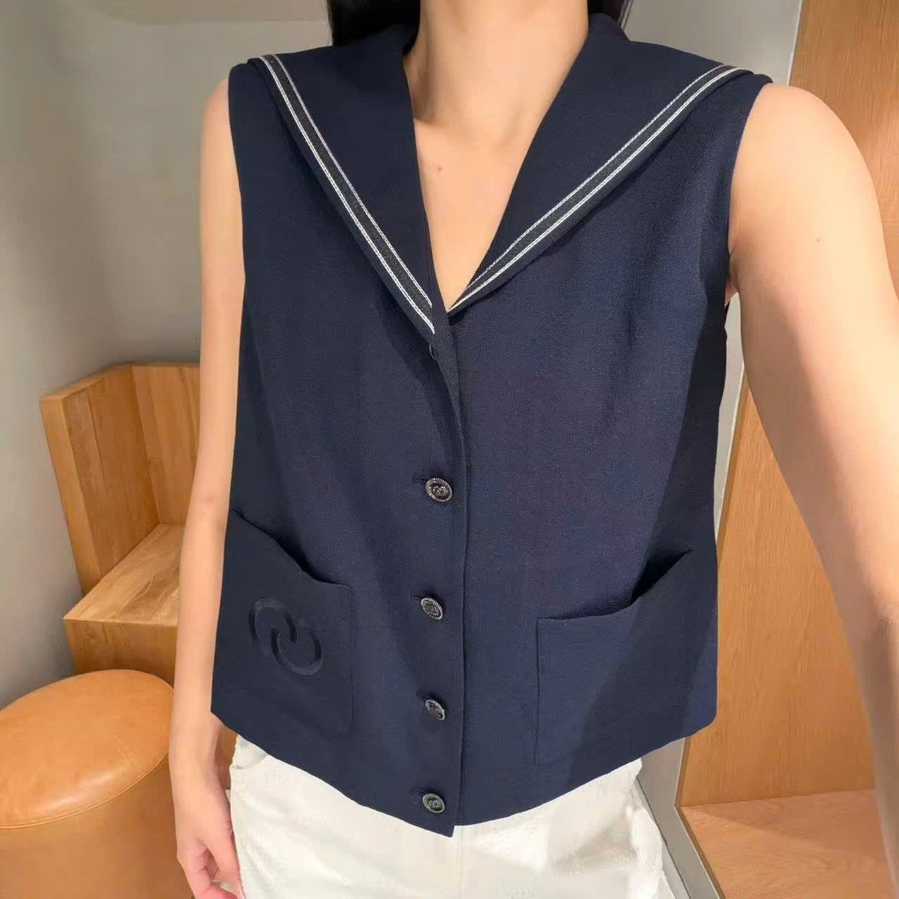  Áo gile cổ thủy thủ xanh navy 
