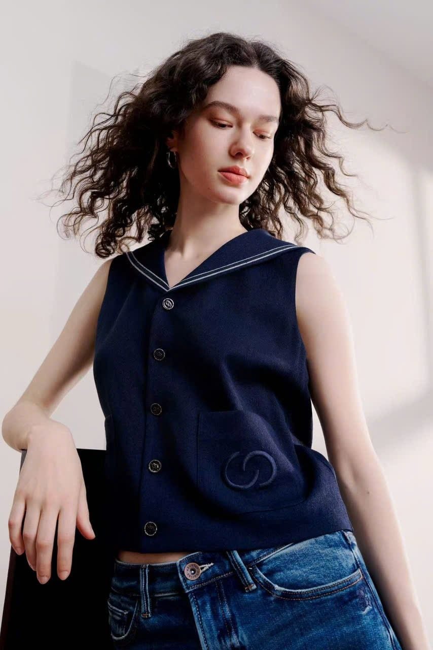  Áo gile cổ thủy thủ xanh navy 