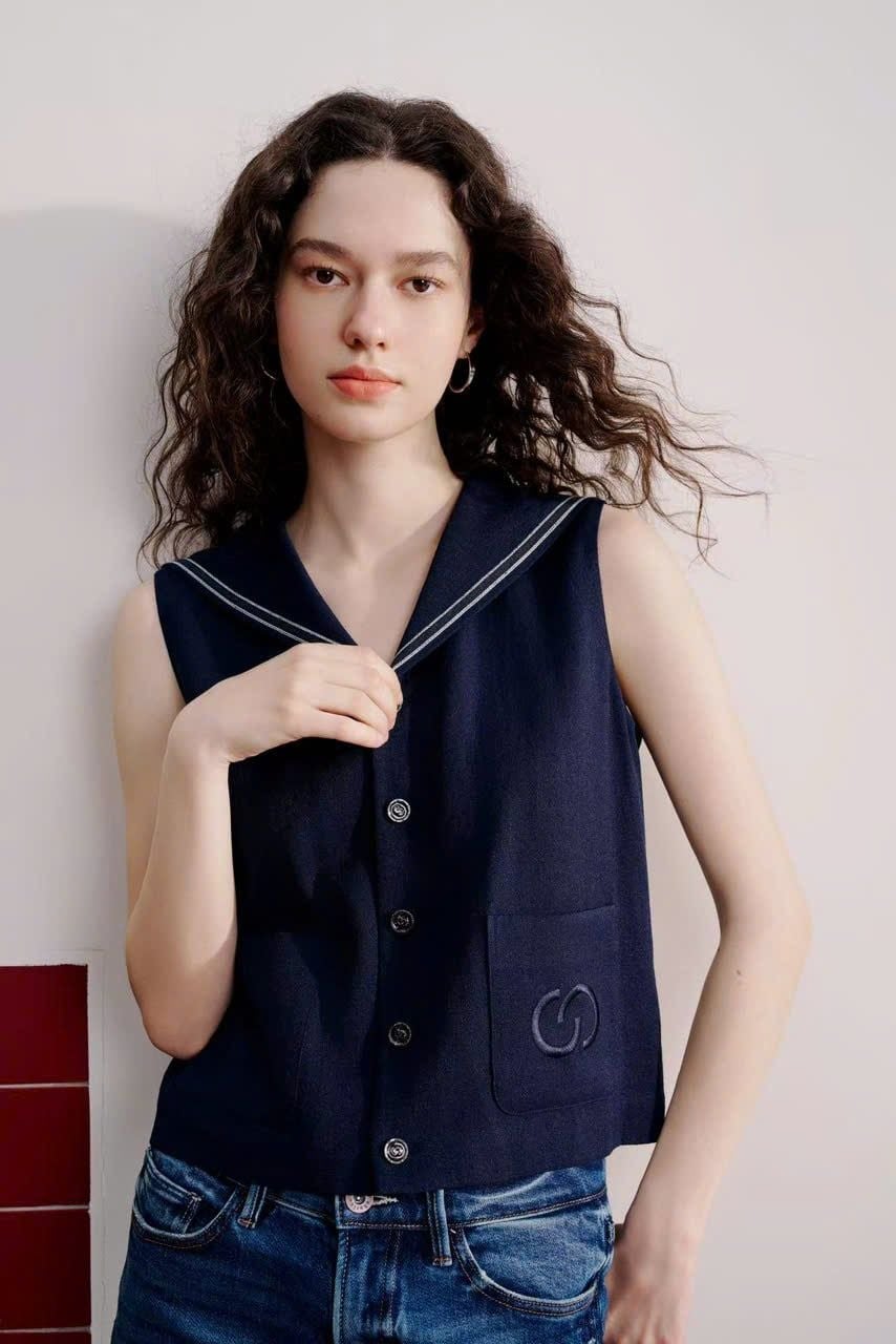  Áo gile cổ thủy thủ xanh navy 