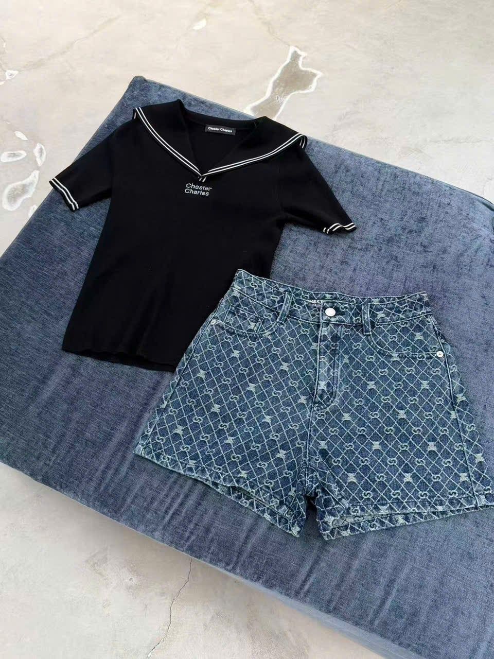 Quần sóc  Jean xanh full logo gấu 