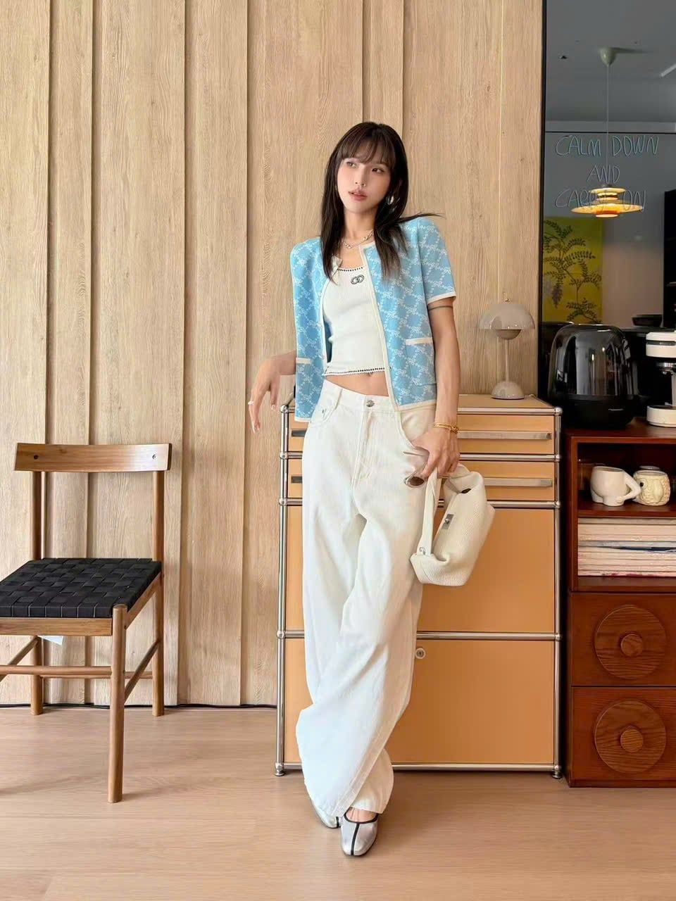  Áo CDG xanh full logo nơ trắng 