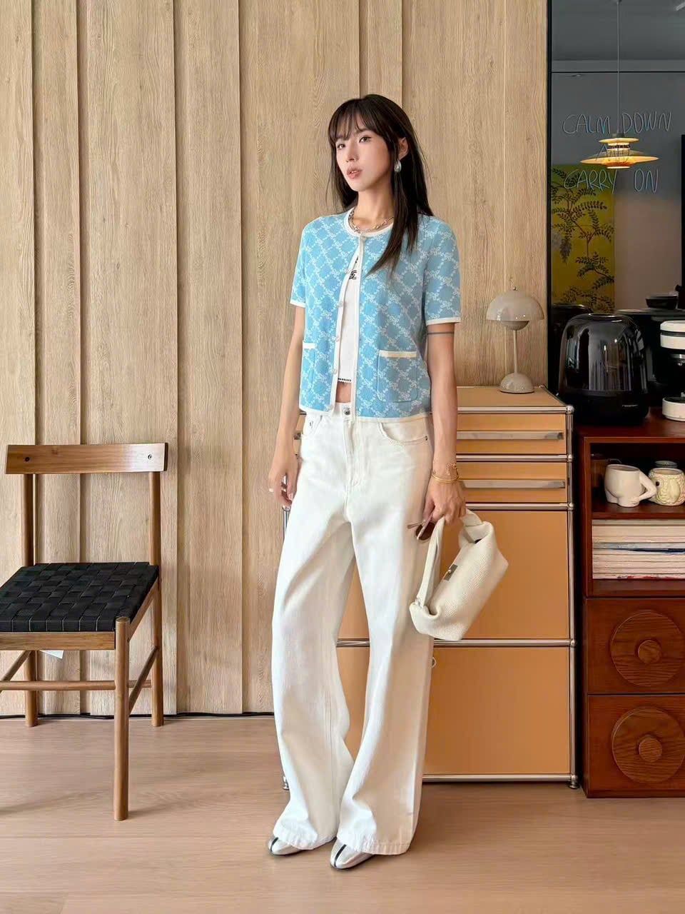  Áo CDG xanh full logo nơ trắng 