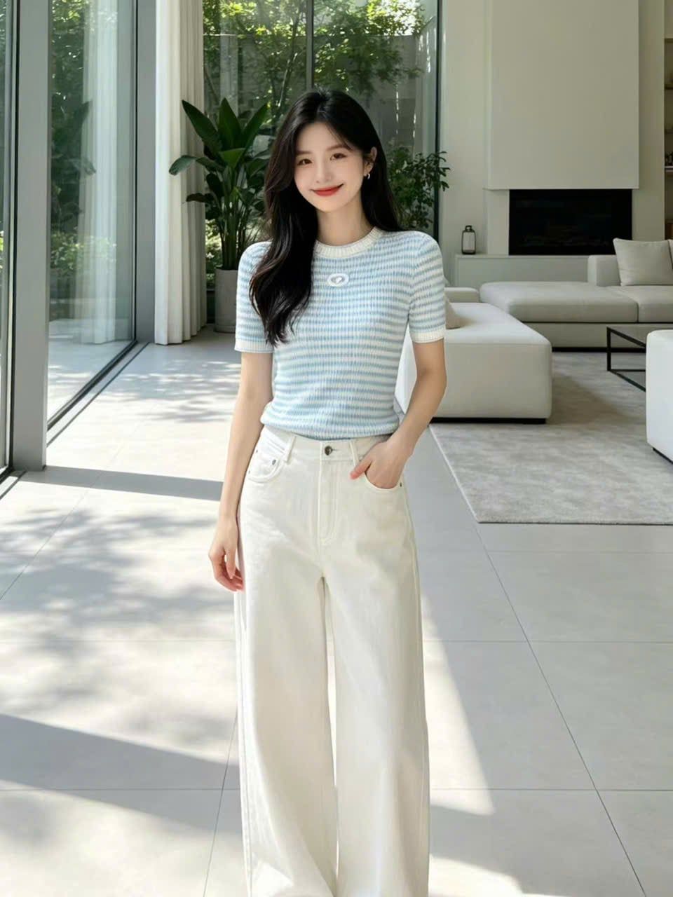  Áo kẻ Zích Zắc trắng xanh 