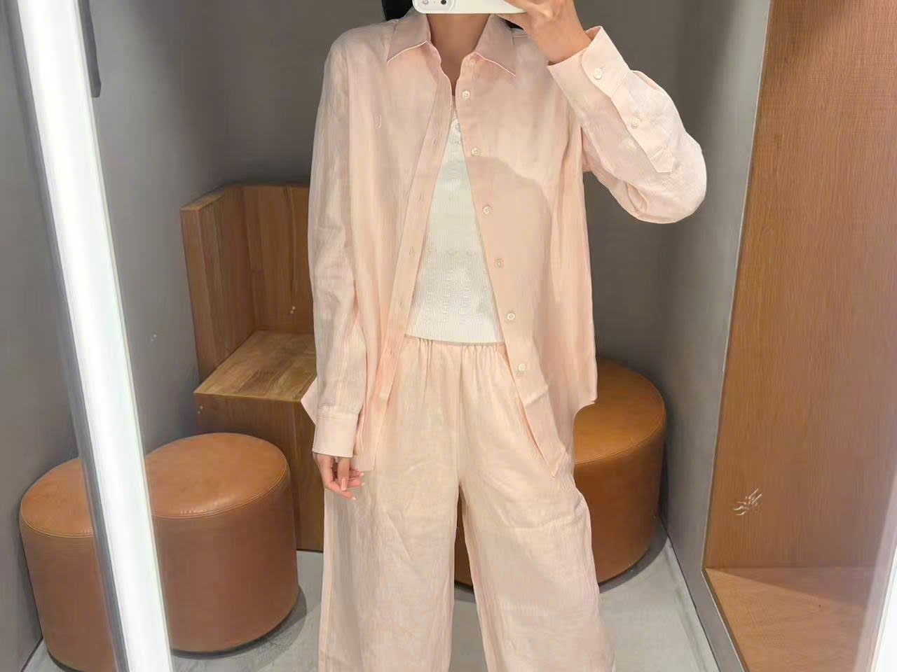  Bộ Áo sơ mi và quần dài cạp chun - be hồng nhạt logo trắng set 