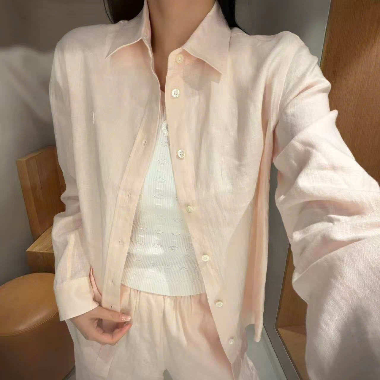  Bộ Áo sơ mi và quần dài cạp chun - be hồng nhạt logo trắng set 