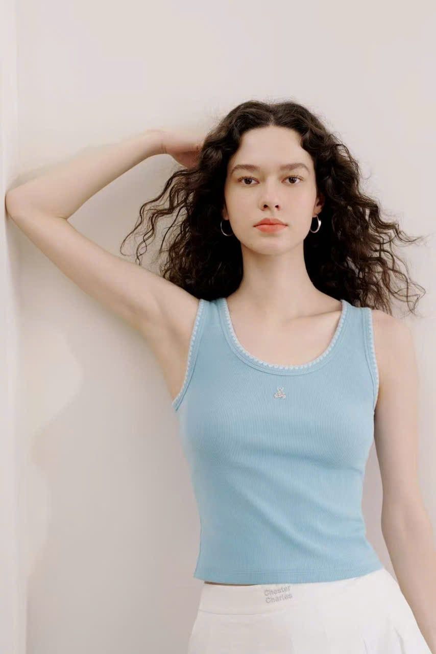  Áo tanktop gân xanh pastel thêu gấu 