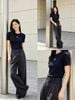  Áo thun gân cộc tay màu xanh navy, gấu trắng chữ đính đá 