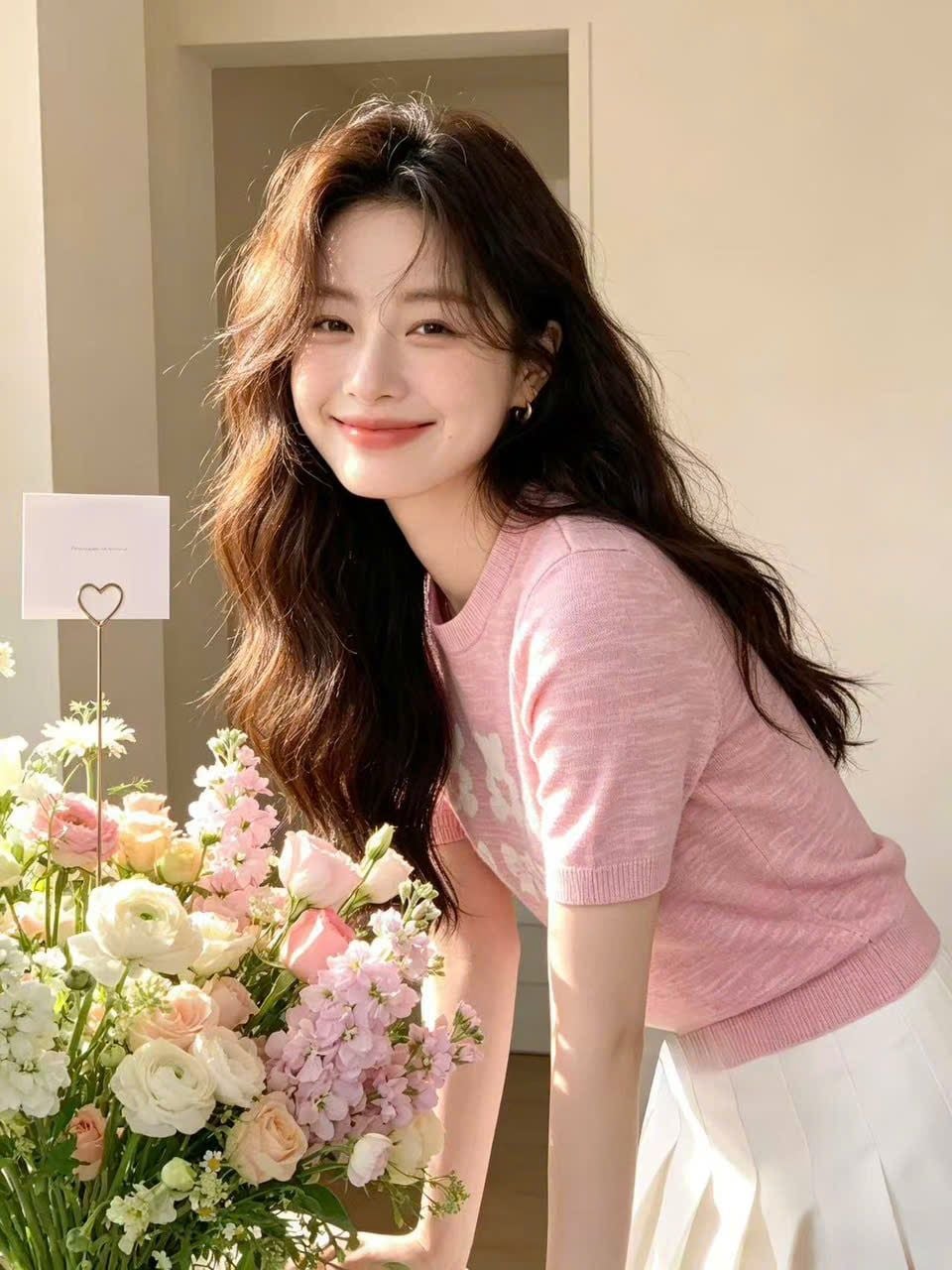  Áo thun dệt kim Hồng họa tiết gấu nơ 