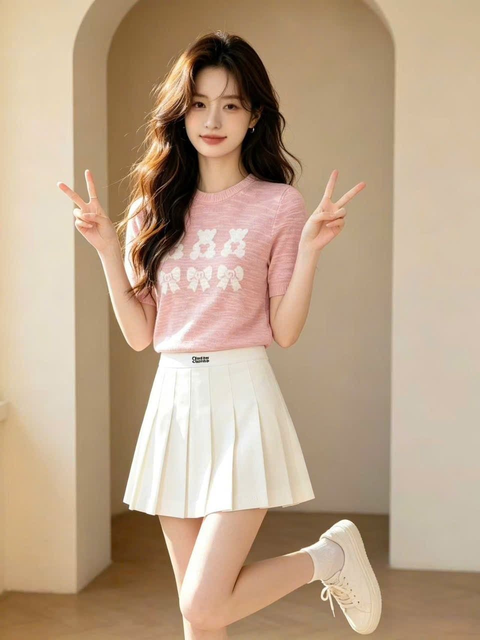  Áo thun dệt kim Hồng họa tiết gấu nơ 