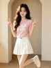  Áo thun dệt kim Hồng họa tiết gấu nơ 