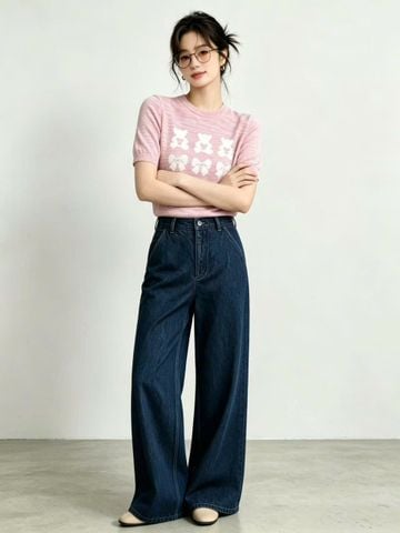  Quần Jeans ống suông xanh denim túi chéo 
