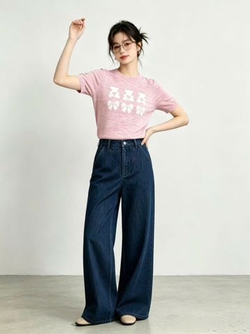  Quần Jeans ống suông xanh denim túi chéo 