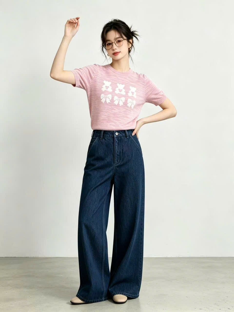  Quần Jeans ống suông xanh denim túi chéo 