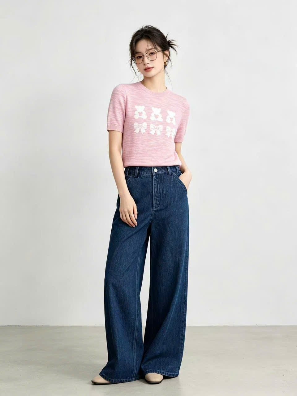  Quần Jeans ống suông xanh denim túi chéo 
