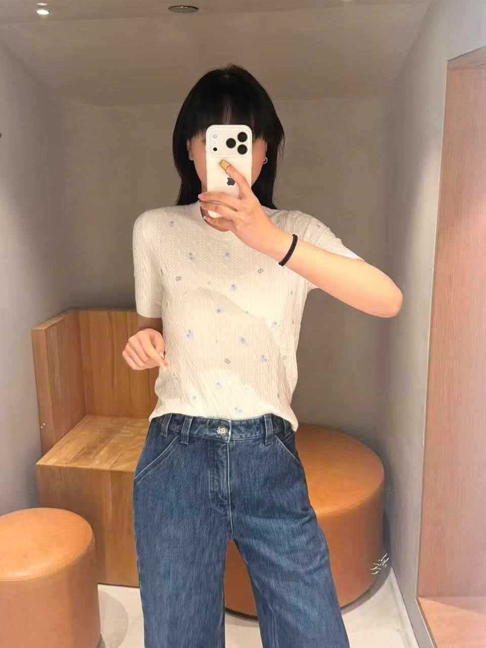  Quần Jeans ống suông xanh denim túi chéo 