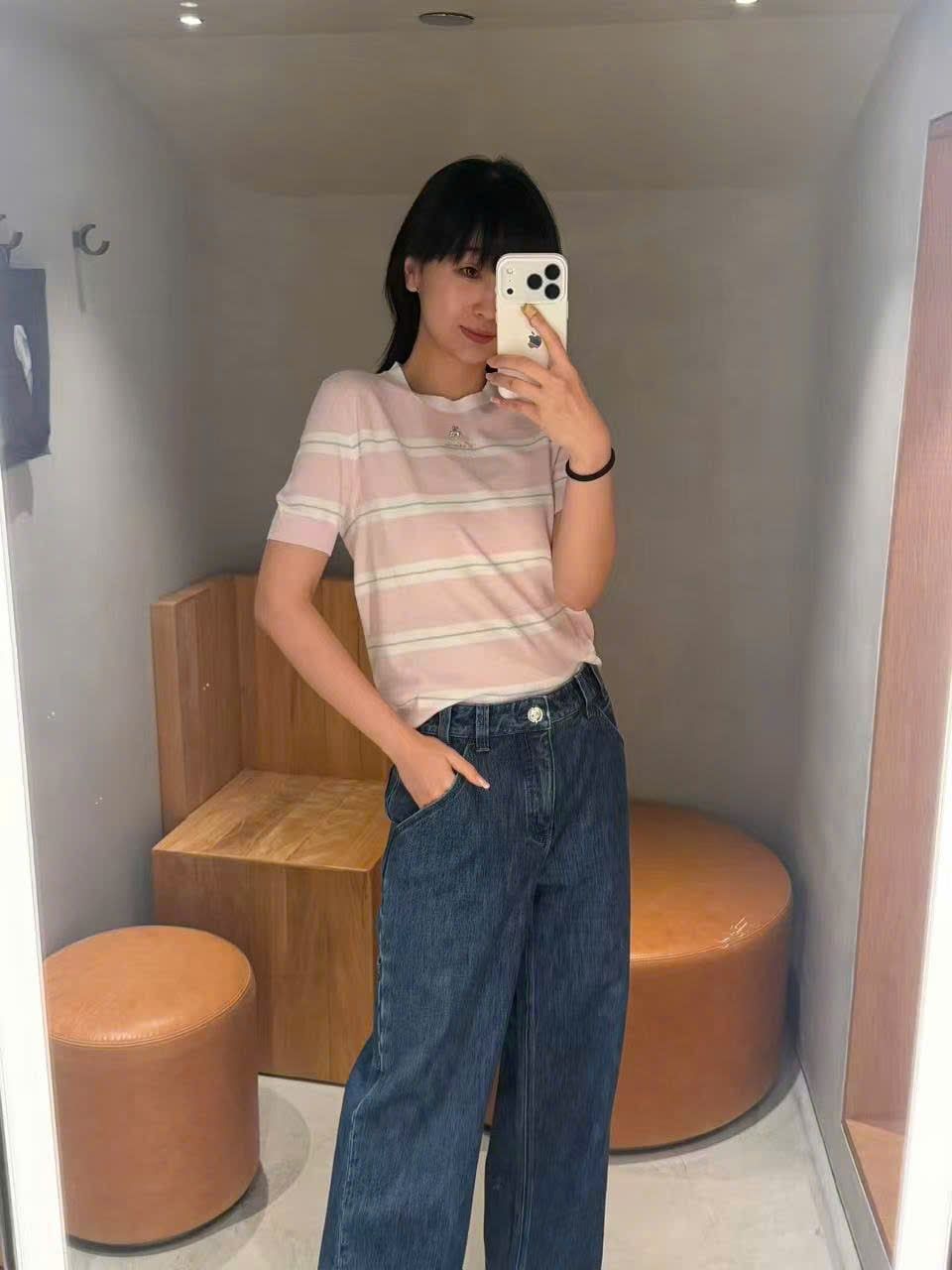  Quần Jeans ống suông xanh denim túi chéo 