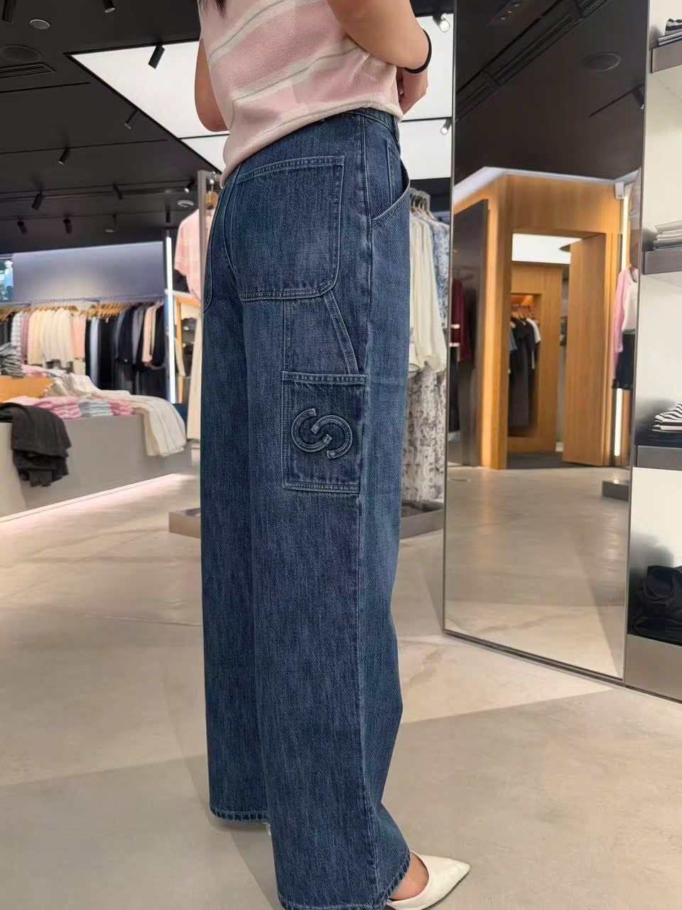  Quần Jeans ống suông xanh denim túi chéo 