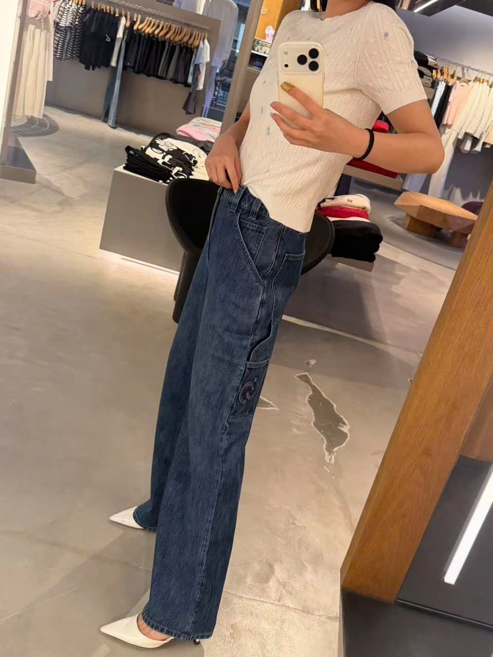  Quần Jeans ống suông xanh denim túi chéo 