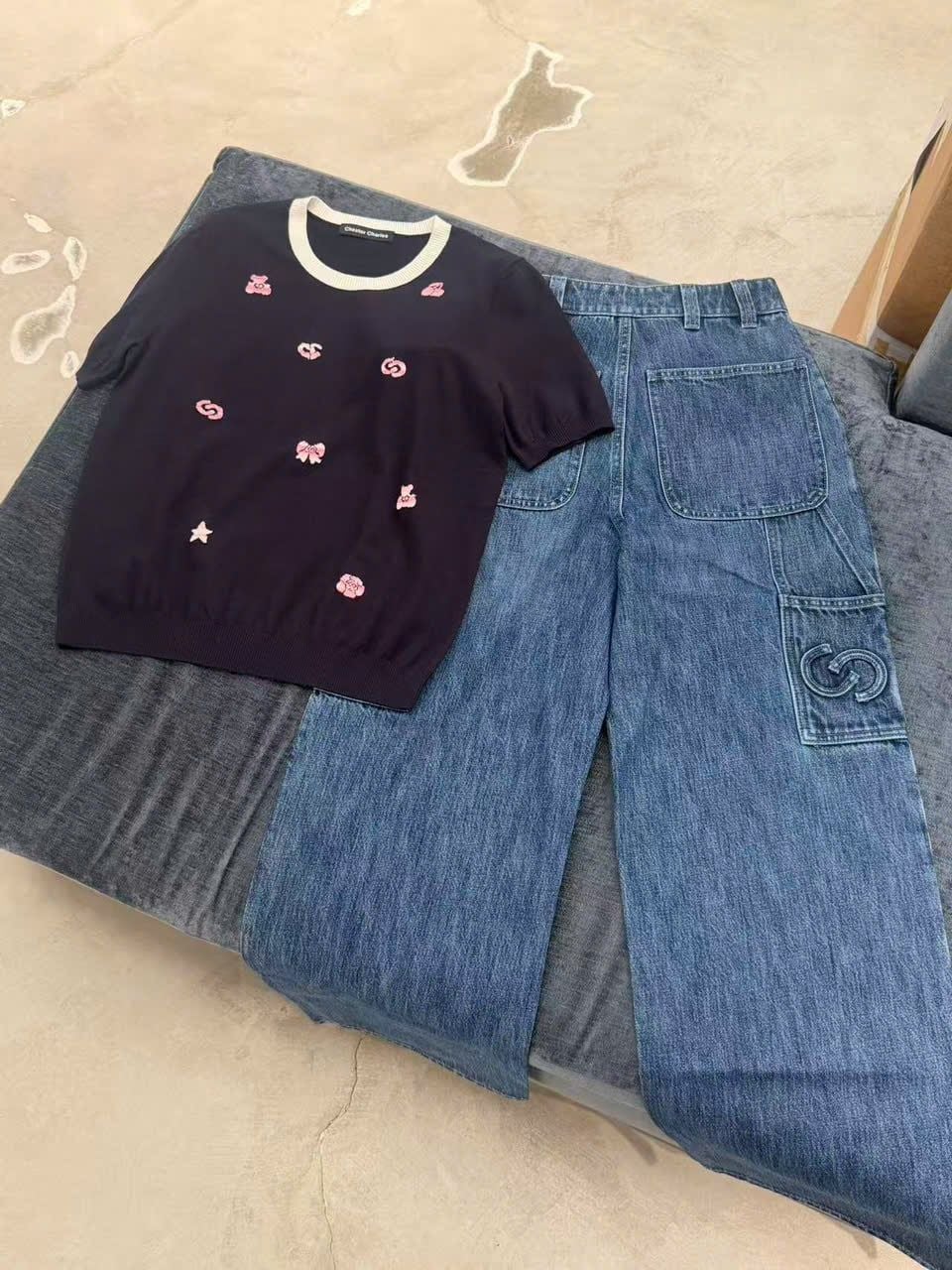  Quần Jeans ống suông xanh denim túi chéo 
