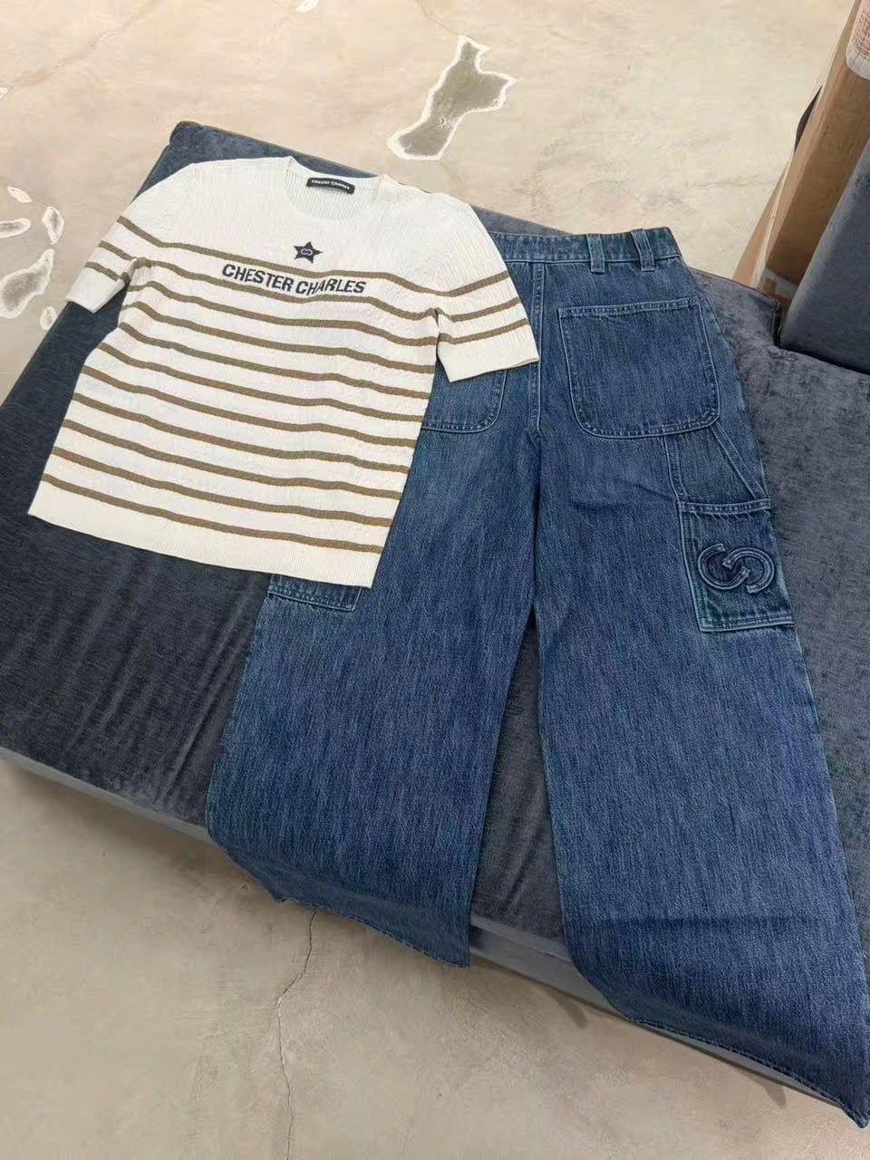  Quần Jeans ống suông xanh denim túi chéo 