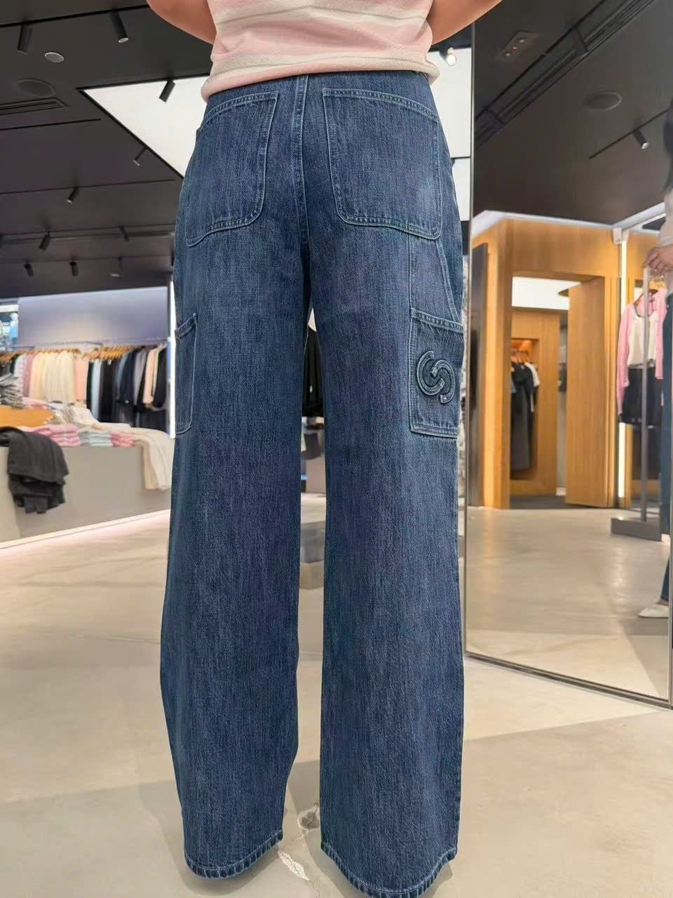  Quần Jeans ống suông xanh denim túi chéo 