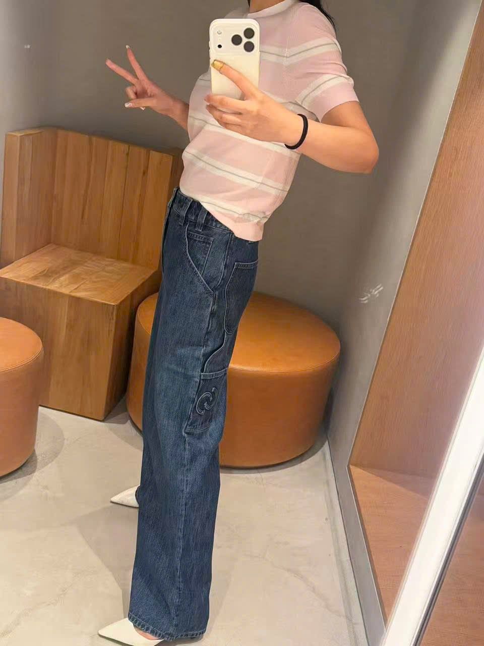  Quần Jeans ống suông xanh denim túi chéo 