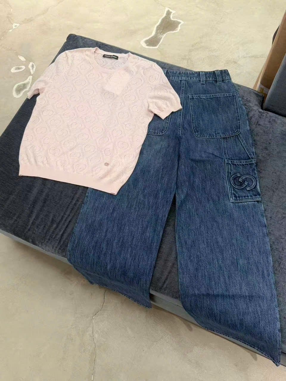  Quần Jeans ống suông xanh denim túi chéo 